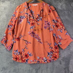 DR2 Womens Coral Floral Blouse Medium 3/4 Sleeve Lightweight Boho Spring Top